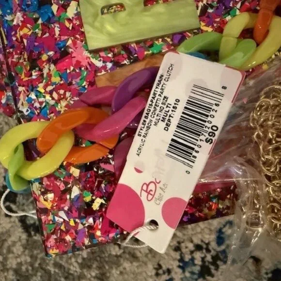 NEW NWT BARI LYNN PARTY ACRYLIC CLUTCH $90 RAINBOW CHAIN STRAP - Picture 5 of 5